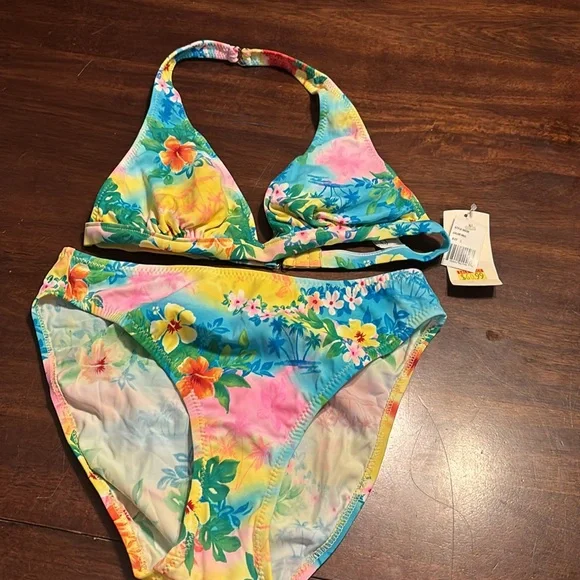 California waves 2005 2pc swimsuit tropical print halter top new large - Picture 15 of 16